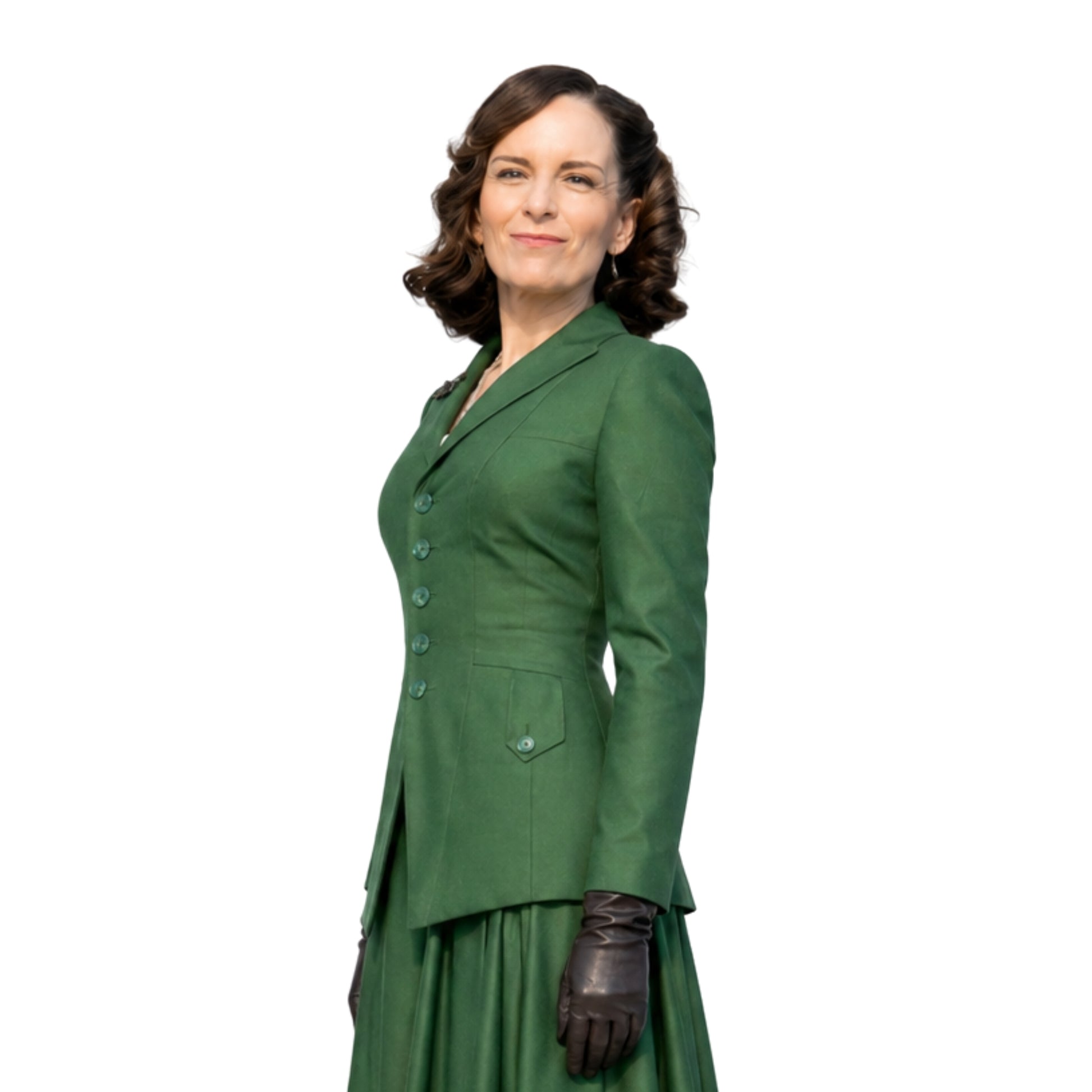 Woman wearing a green vintage-style suit on a white background