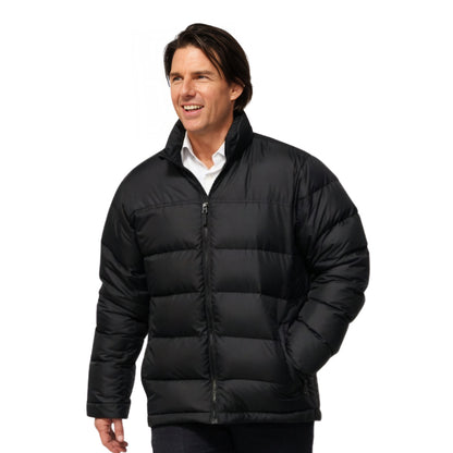 Man wearing a black puffer jacket on a white background