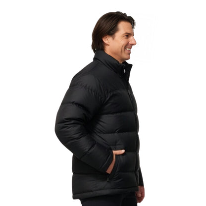 Man wearing a black puffer jacket on a white background