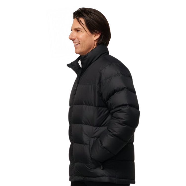 Man wearing a black puffer jacket on a white background