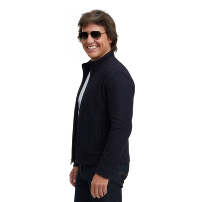 Person wearing a blue suede jacket 