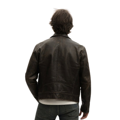 Person wearing a dark brown leather jacket on a white background