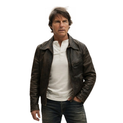 Man wearing a brown leather jacket over a white shirt on a white background