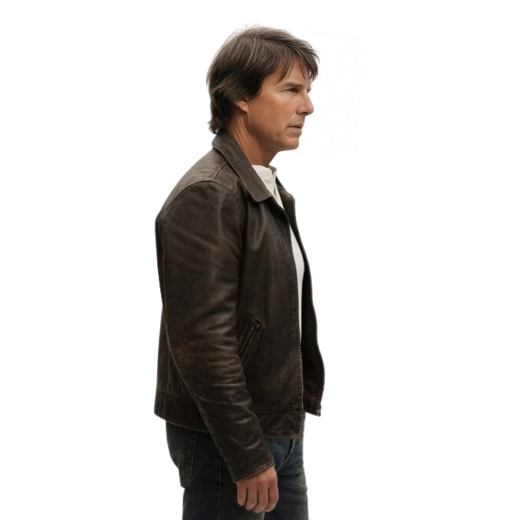 Man wearing a brown leather jacket on a white background