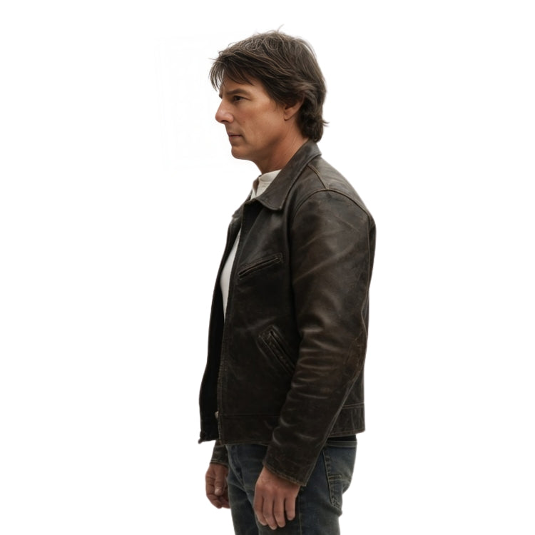 Person wearing a brown leather jacket on a white background