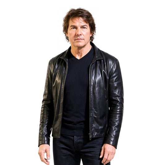 Man wearing a black leather jacket on a white background