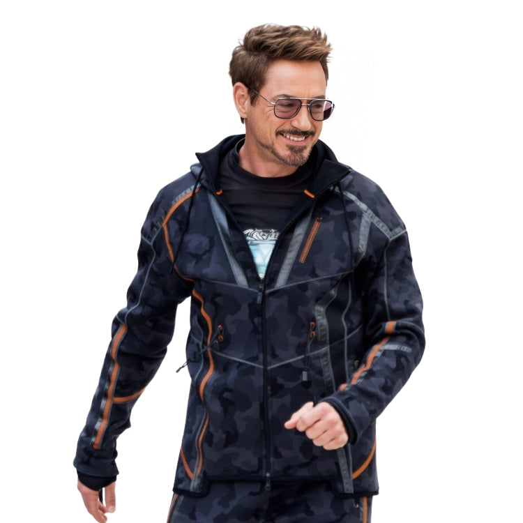 Man wearing a dark camouflage jacket with orange accents on a white background