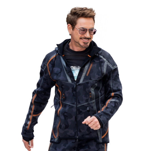 Man wearing a dark camouflage jacket with orange accents on a white background