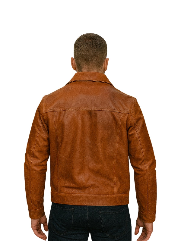 Trucker Style Genuine Leather Jacket Tan Brown