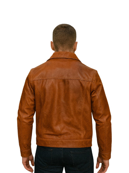 Trucker Style Genuine Leather Jacket Tan Brown