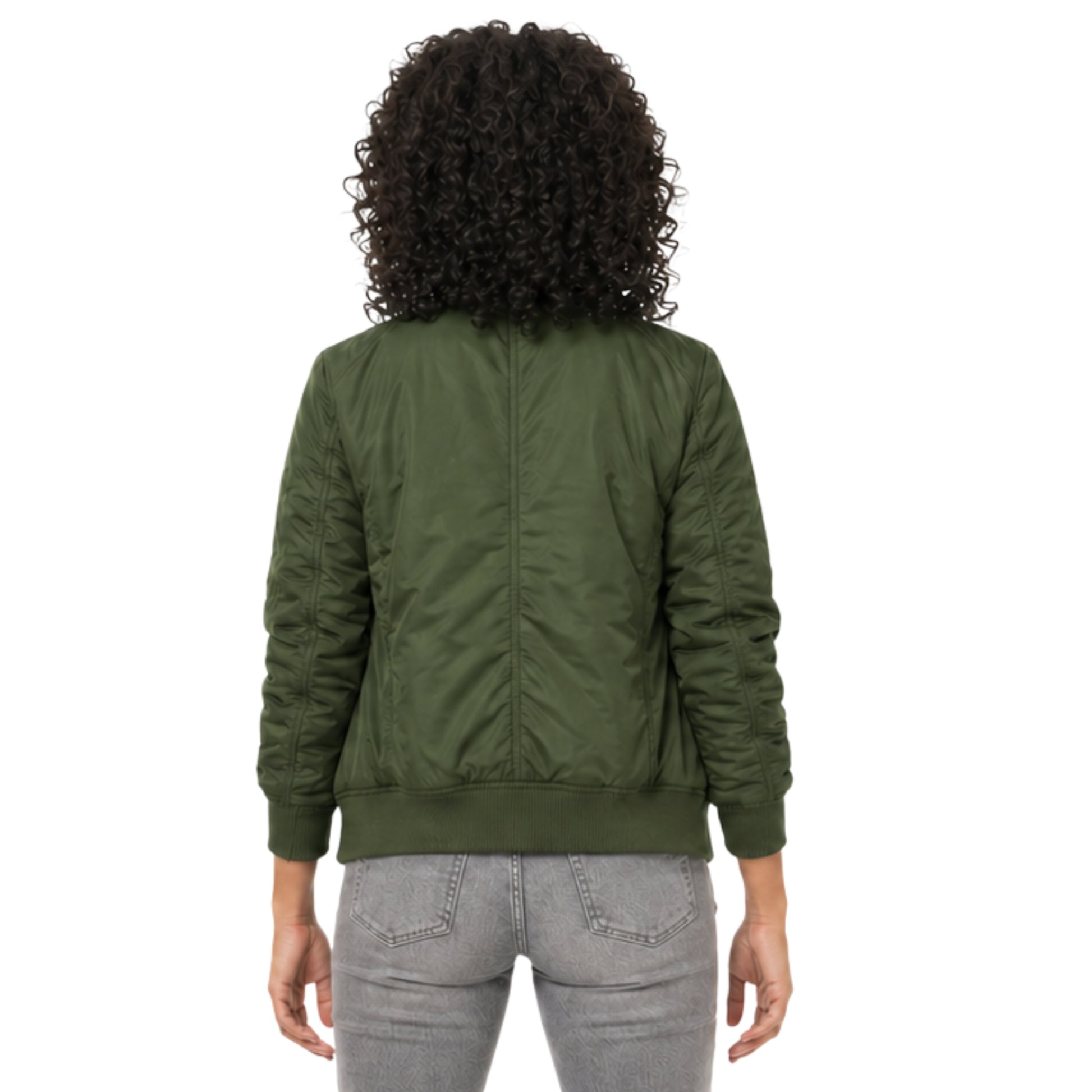 Person wearing a green bomber jacket from behind on a white background