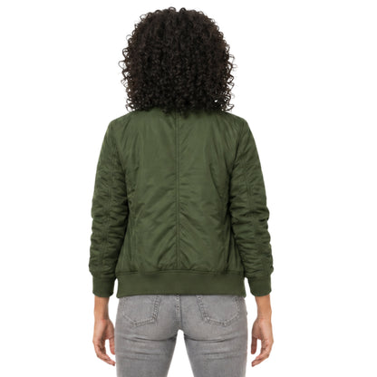 Person wearing a green bomber jacket from behind on a white background