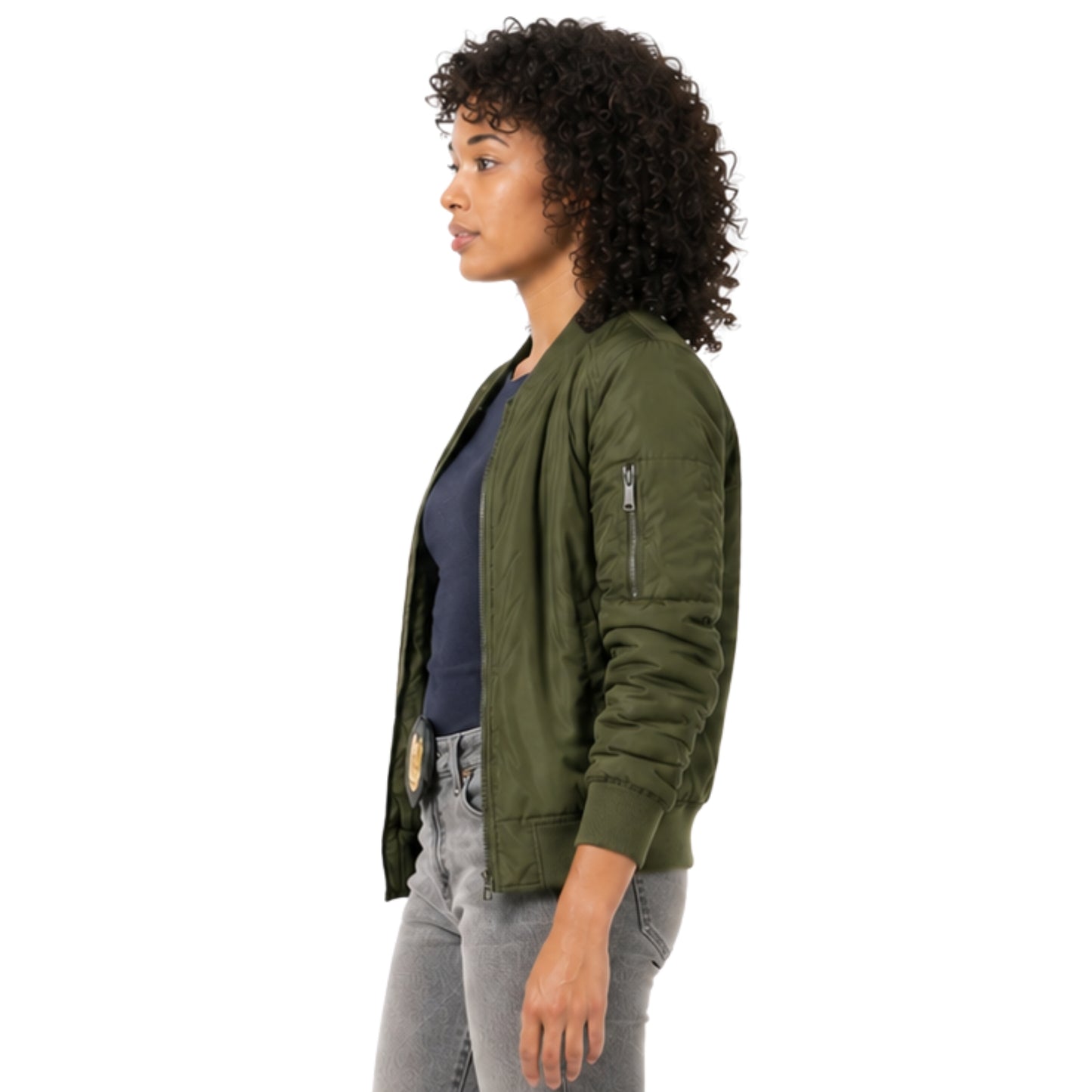Woman wearing a green bomber jacket on a white background