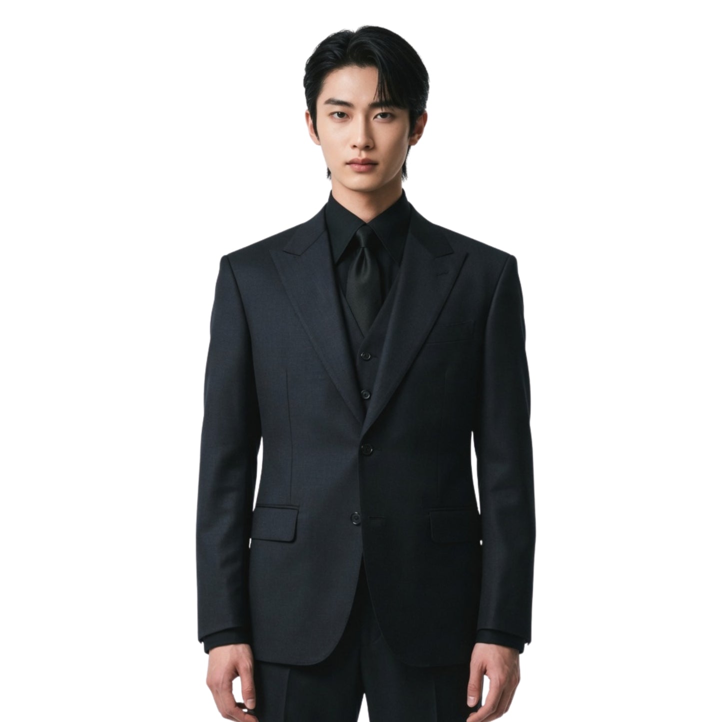 Man wearing a black suit on a white background
