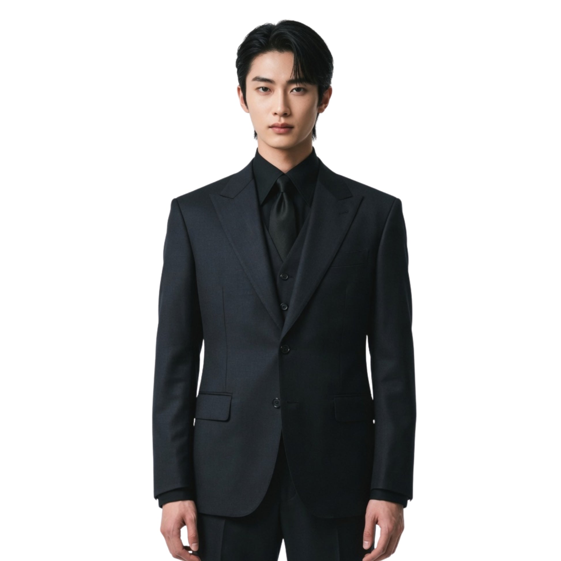 Man wearing a black suit on a white background