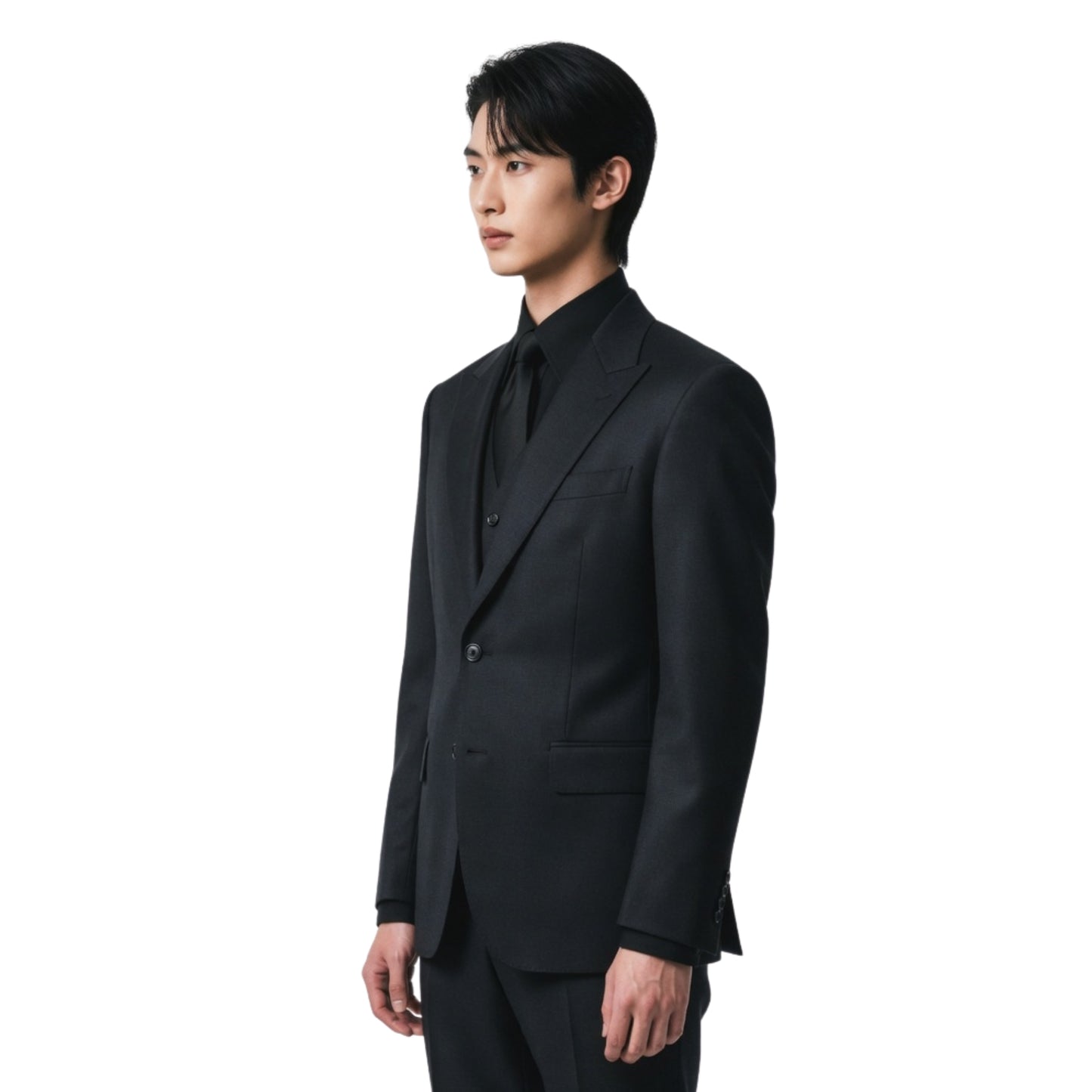 Man wearing a black suit on a white background