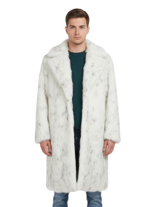 Man wearing a long white fur coat on a white background
