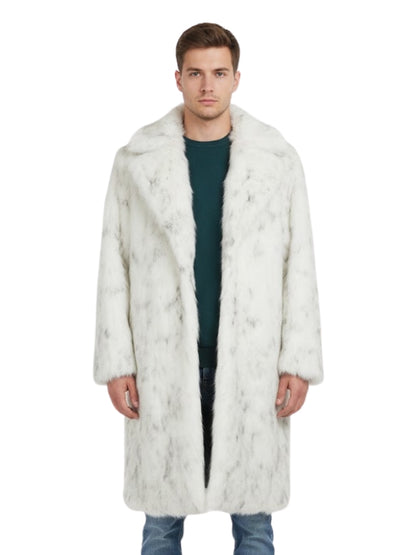 Man wearing a long white fur coat on a white background