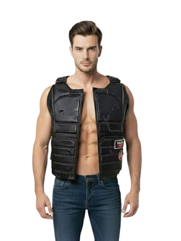 Man wearing a black protective vest on a white background