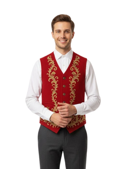 Man wearing a red vest with gold embroidery on a white background