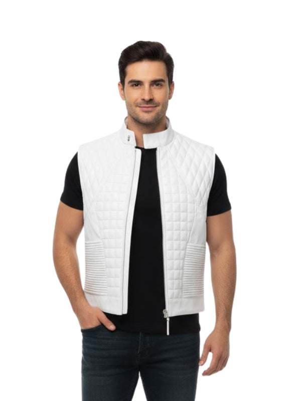 Man wearing a white quilted vest over a black shirt on a white background