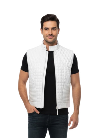 Man wearing a white quilted vest over a black shirt on a white background