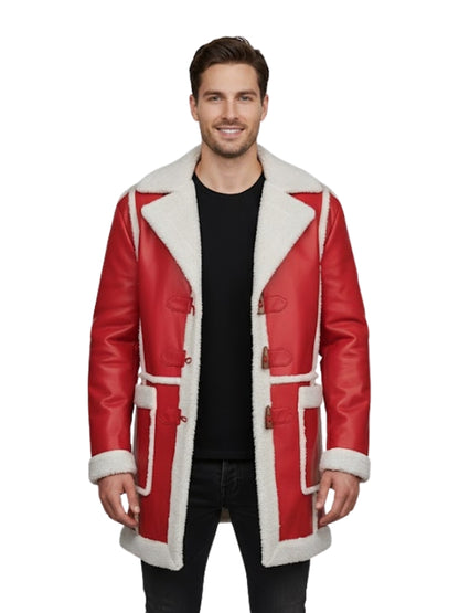 Man wearing a red leather coat with white fur trim on a white background