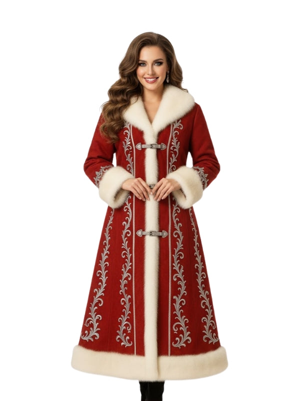 Woman wearing a red coat with white fur trim on a white background