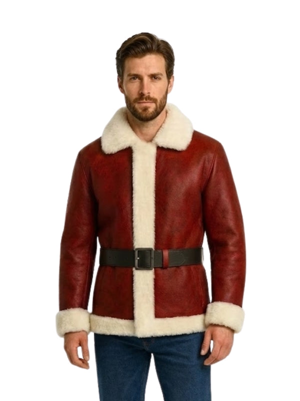 Man wearing a red leather jacket with white fur trim on a white background