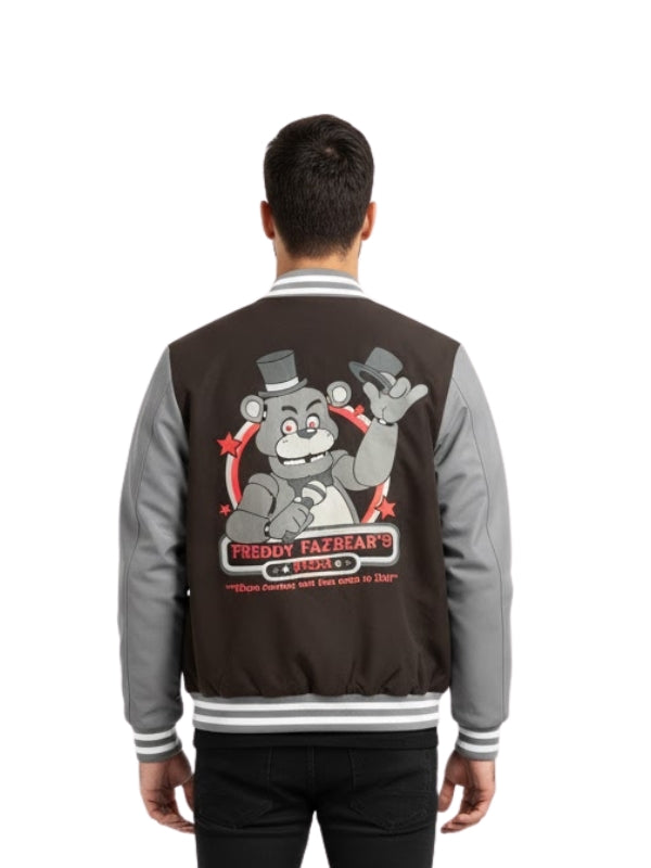 Person wearing a black and gray jacket with a graphic design on the back, on a white background