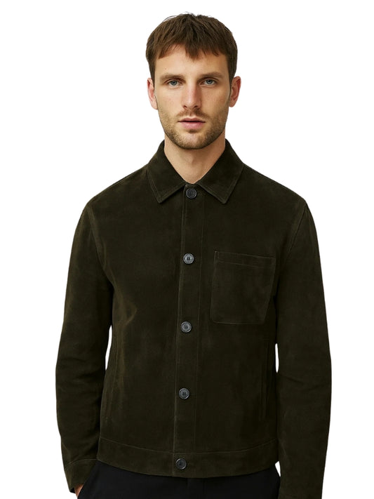 Men's Real Suede Long Sleeves Polyester Lining Green Jacket
