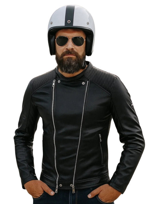 Men's Long Sleeves Multi-Zipper Black Sheepskin Biker Leather Jacket