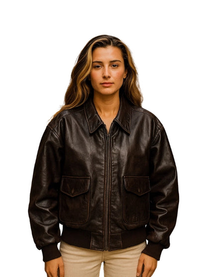 Women's Distressed Oversized 90's Bomber Leather Jacket