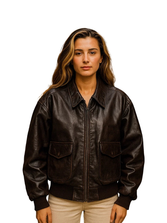 Women's Distressed Oversized 90's Bomber Leather Jacket