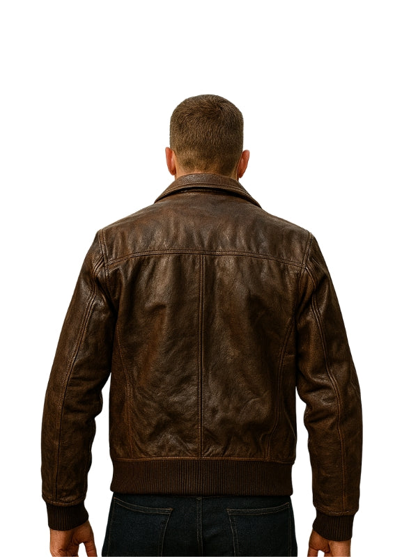 Dark Brown Shirt Style Bomber Leather Jacket