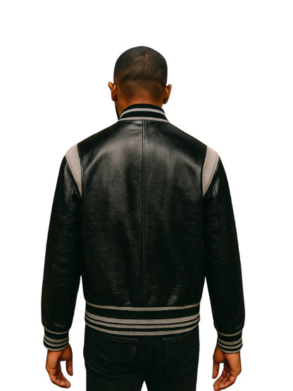 Men's Real Leather Black And White Bomber Leather Jacket