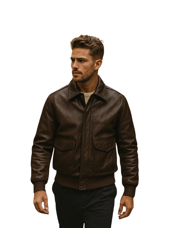 Men's A2 Aviator Pilot Long Sleeves Brown Bomber Leather Jacket