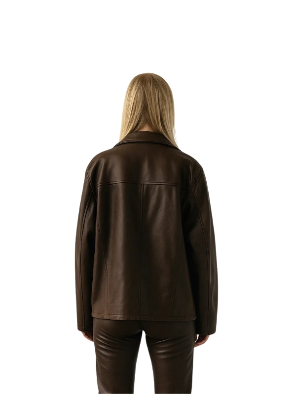 Women's 90s Vintage Oversized Straight Brown Leather Jacket