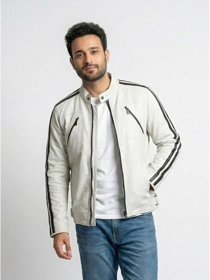 Men's Black & White Biker Leather Jacket