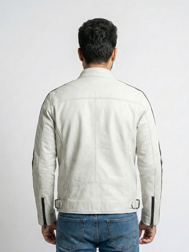 Men's Black & White Biker Leather Jacket