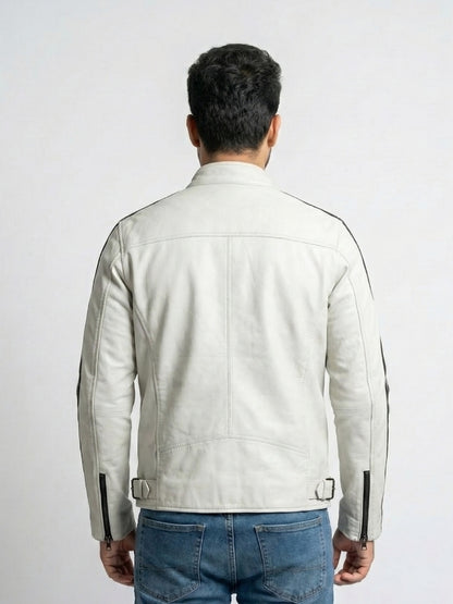 Men's Black & White Biker Leather Jacket