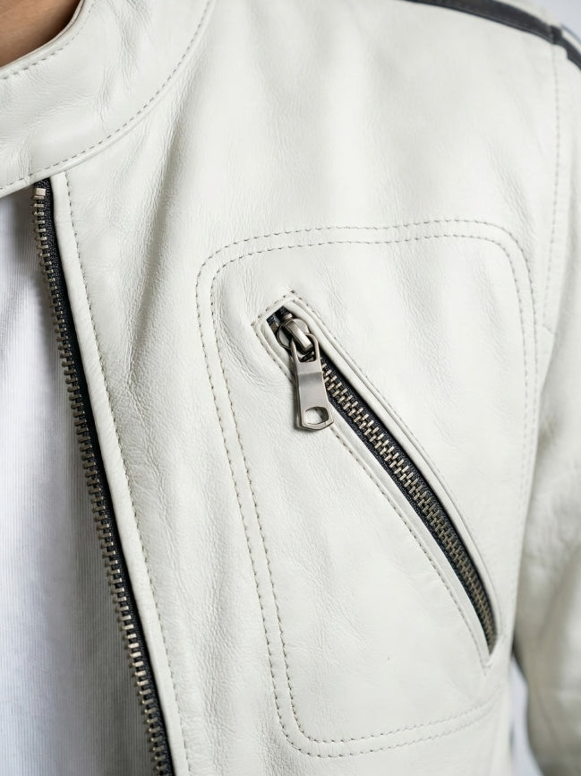 Men's Black & White Biker Leather Jacket