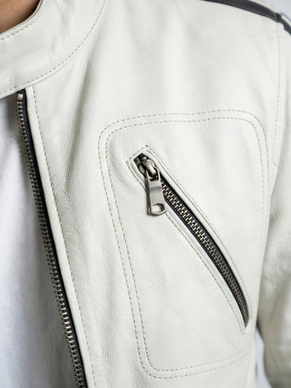 Men's Black & White Biker Leather Jacket