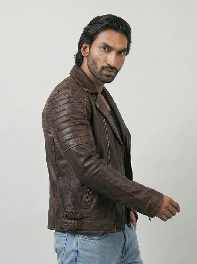 Distressed Brown Leather Biker Jacket