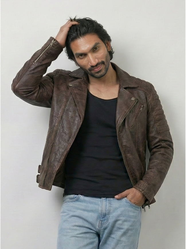 Distressed Brown Leather Biker Jacket