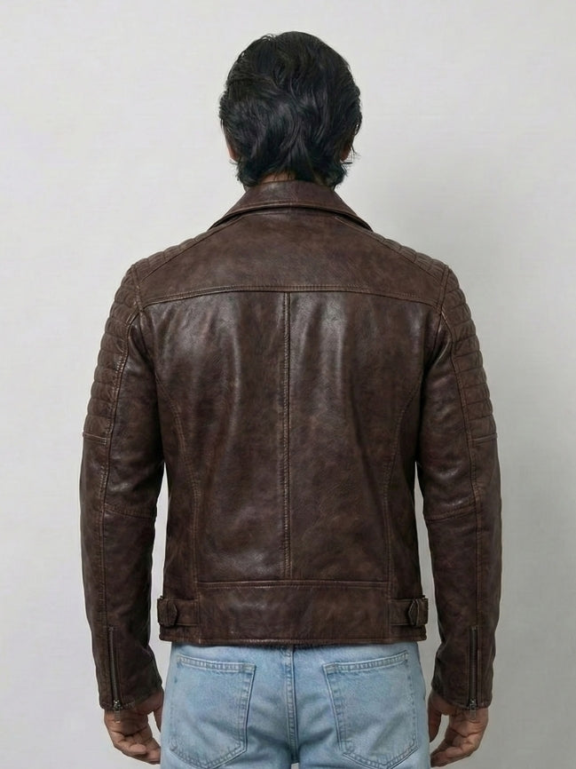 Distressed Brown Leather Biker Jacket