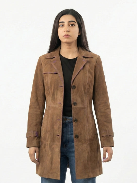 Women’s Suede Leather Button-Up Trench Coat