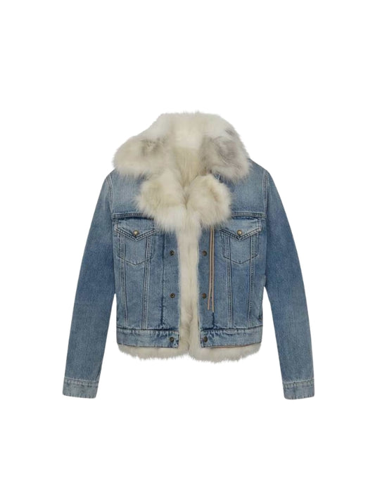 Women's Real Shearling Housewives Fur Collar Blue Denim Jacket