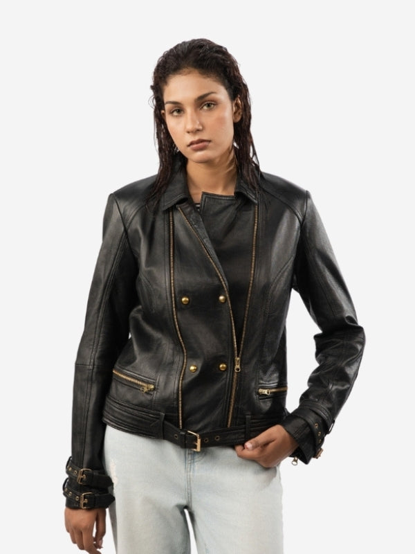 Women’s Belted Leather Biker Jacket - Double Breasted Style