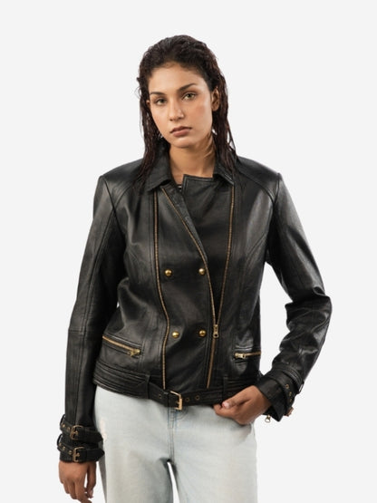 Women’s Belted Leather Biker Jacket - Double Breasted Style